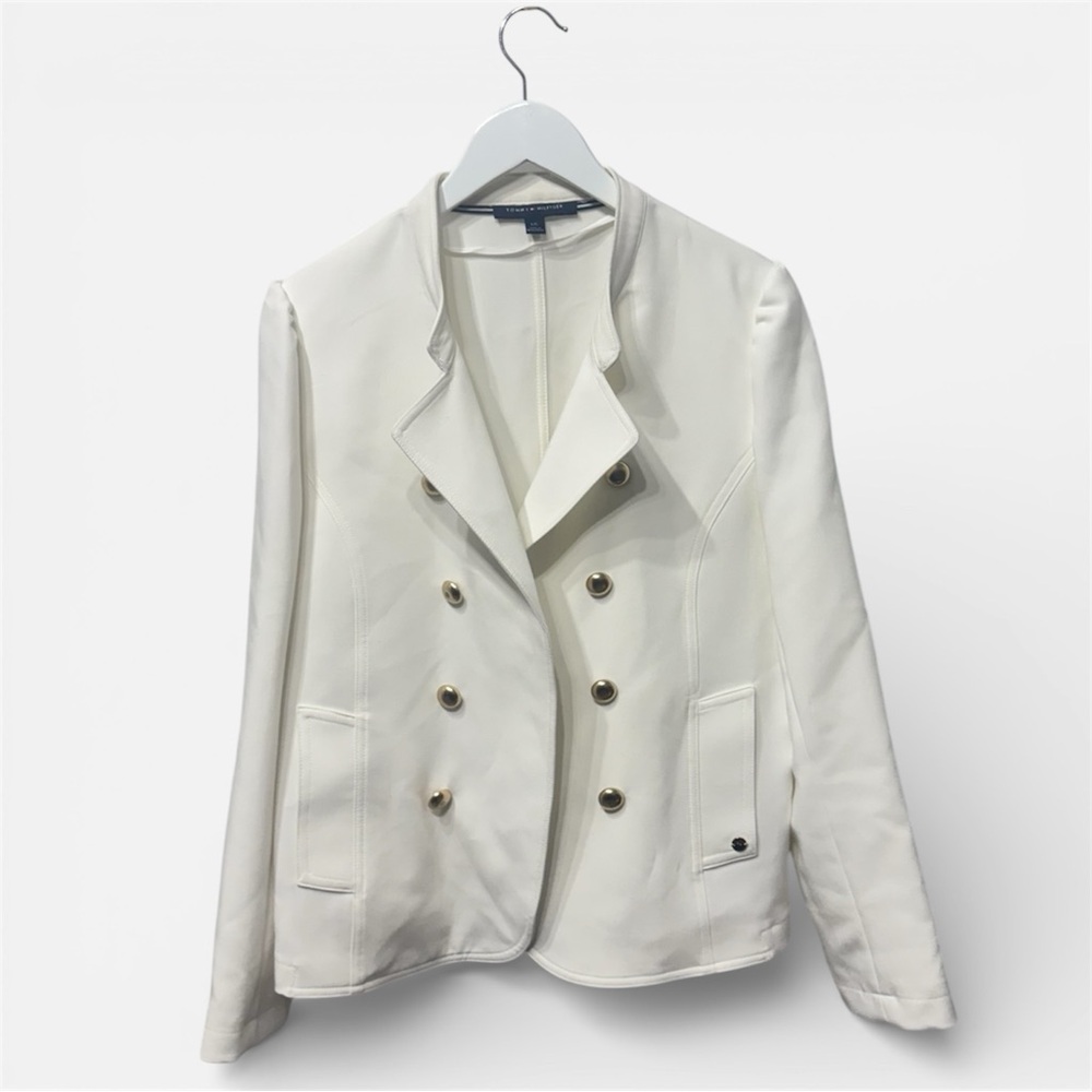 Tommy Hilfiger White Open Front Jacket Blazer Women’s Size Large Gold Buttons